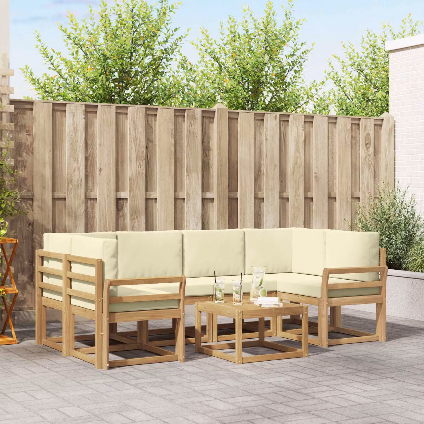 vidaXL Set di divani da esterno 7 pz in legno di acacia con cuscini Bianco, Beige e Marrone