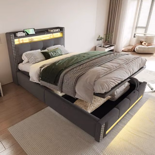 Letto singolo imbottito 90 × 200 cm con contenitore idraulico, LED, USB e testiera con ripiani in tessuto grigio