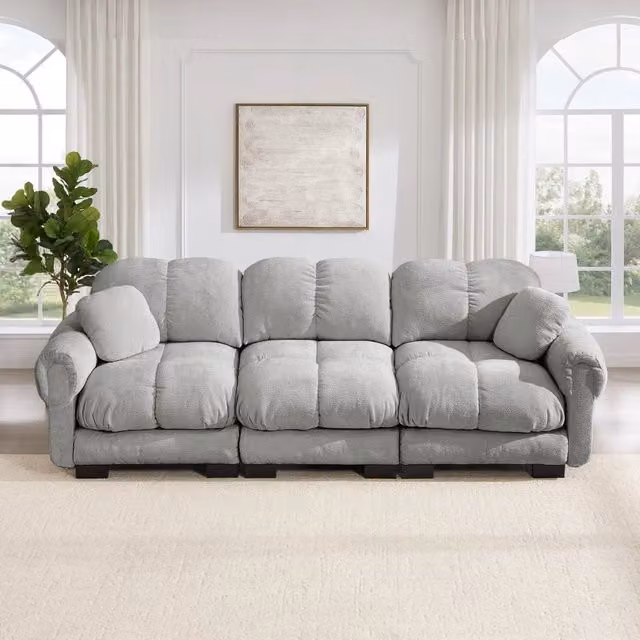 Divano angolare modulare MIVRAY in tessuto grigio con poggiatesta regolabile e cuscini inclusi, L 260 x P 90 x H 86 cm
