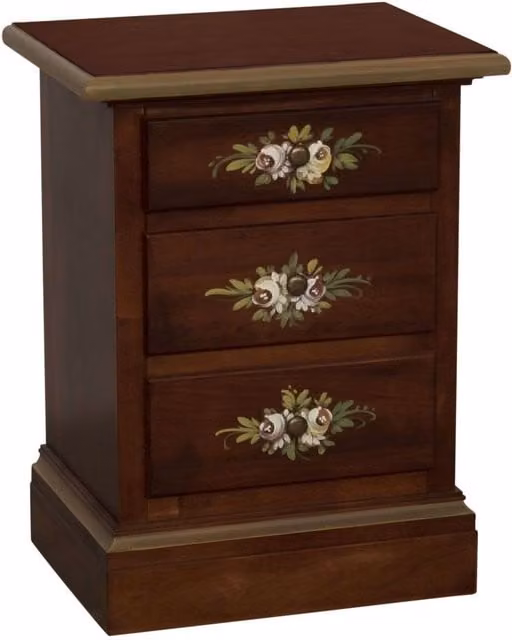 Comodino in stile arte povera con 3 cassetti e decori floreali in legno noce scuro Mobili 2G L: 50 cm, P: 38 cm, H: 65 cm