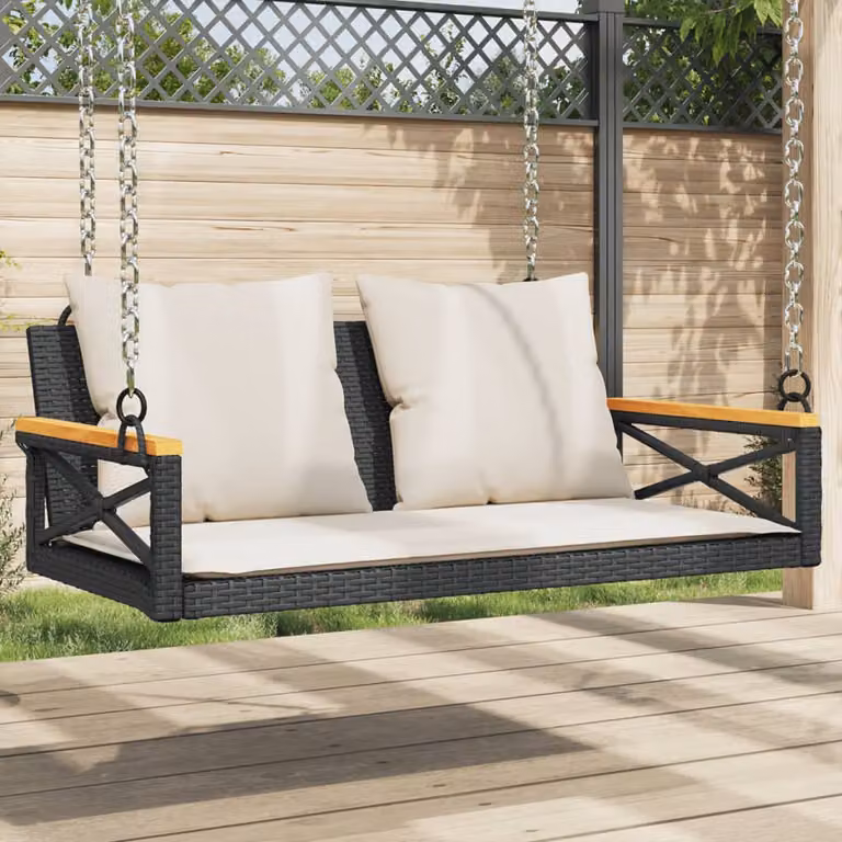 Panchina a dondolo vidaXL in polyrattan e legno di acacia oliato con cuscini, colore nero e bianco, L 109 x P 62 x H 40 cm