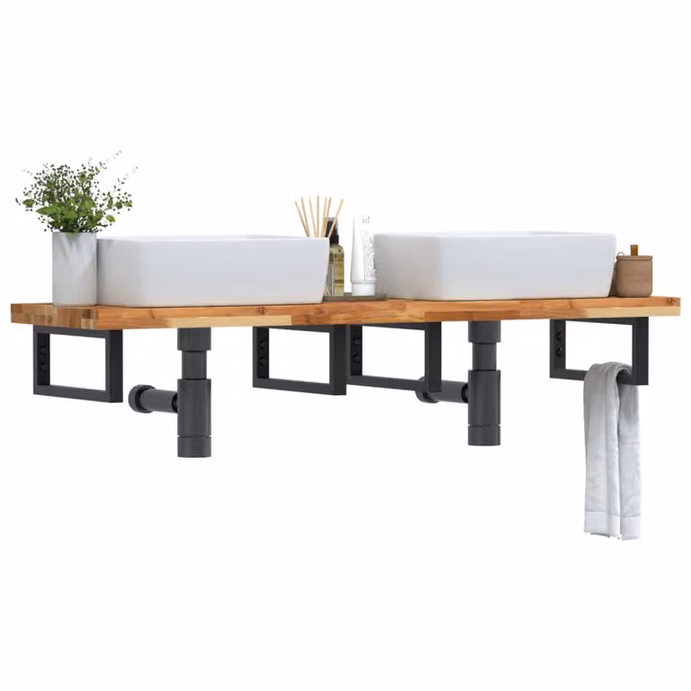 vidaXL Ripiano a Parete per Lavabo in Accacia e Metallo, Nero e Marrone, L: 40 cm, P: 19 cm, H: 5 cm