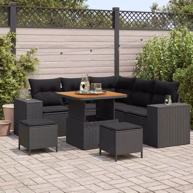 Set Divano da Giardino 8 pz 7-Numero di posti Nero polyrattan 3363949