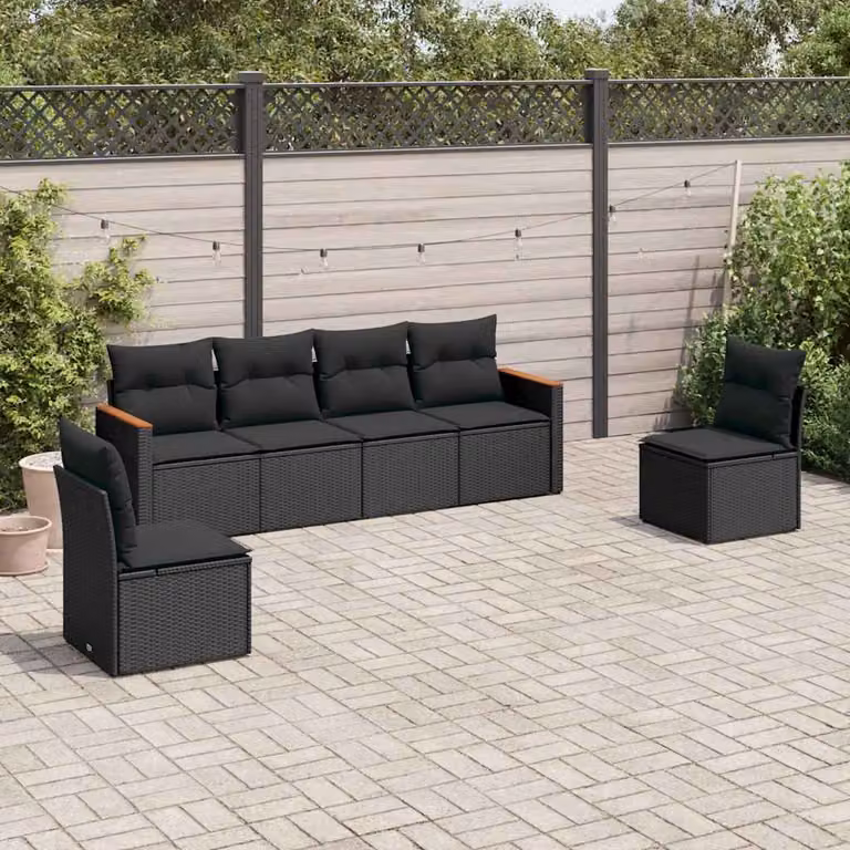 Set Divano da Giardino vidaXL 6 pz con Cuscini Neri in Polyrattan e Acciaio Nero