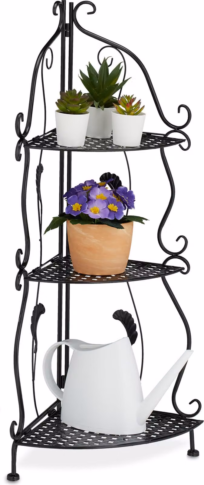 Relaxdays Scaffale angolare in metallo, 3 ripiani, L x P x A: 82,5 x 30 x 30 cm, scaffale per piante da appoggio, pieghevole, stile vintage, nero