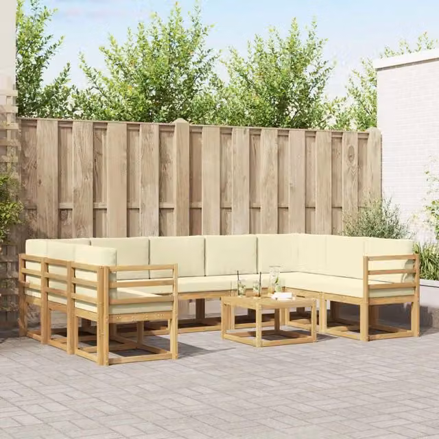 Set di divani da esterno a forma di U vidaXL in legno di acacia con cuscini Bianco e Beige – 1