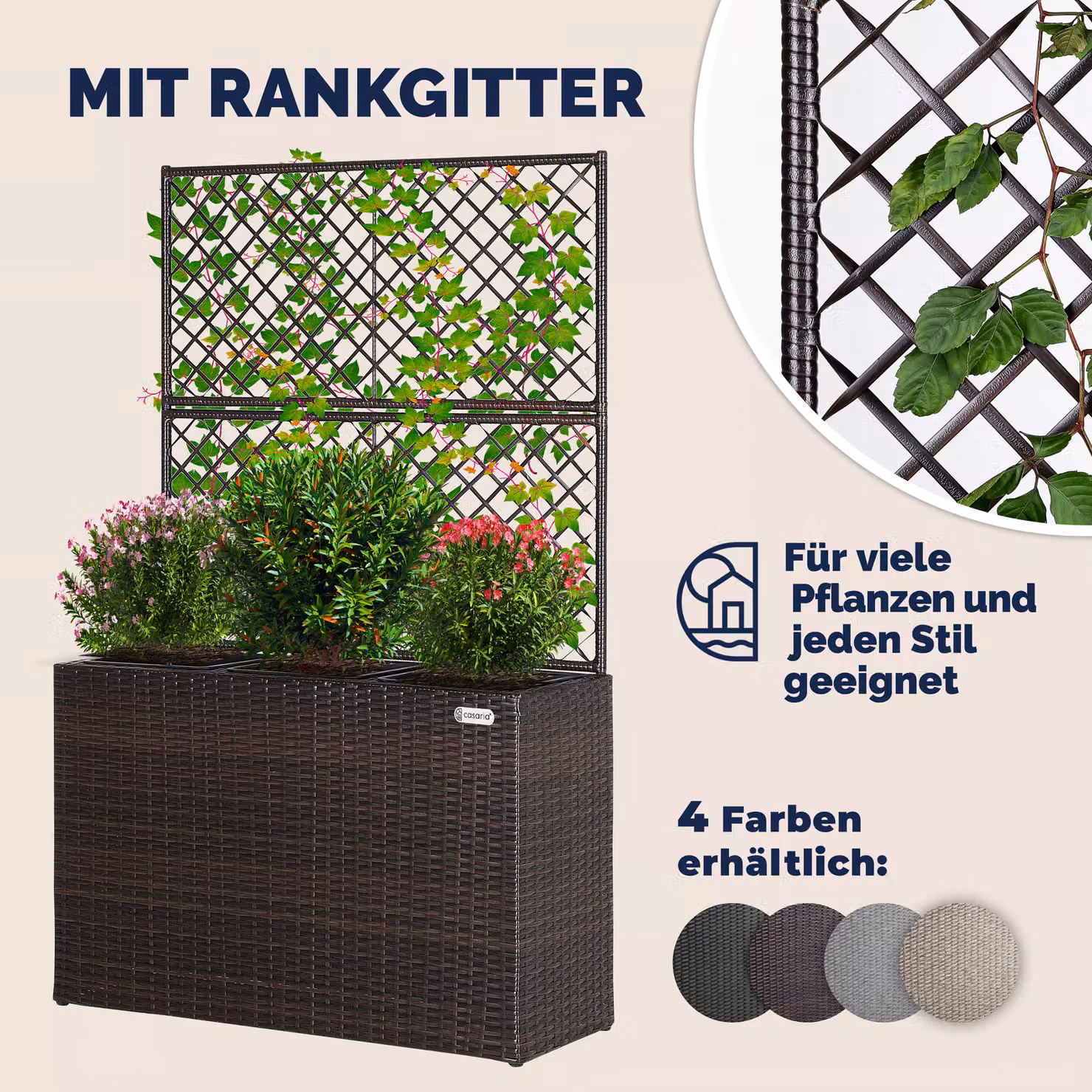 Fioriera con traliccio Casaria® in polyrattan marrone con struttura in acciaio e plastica, L: 83 cm, P: 30,5 cm, H: 146 cm – 3