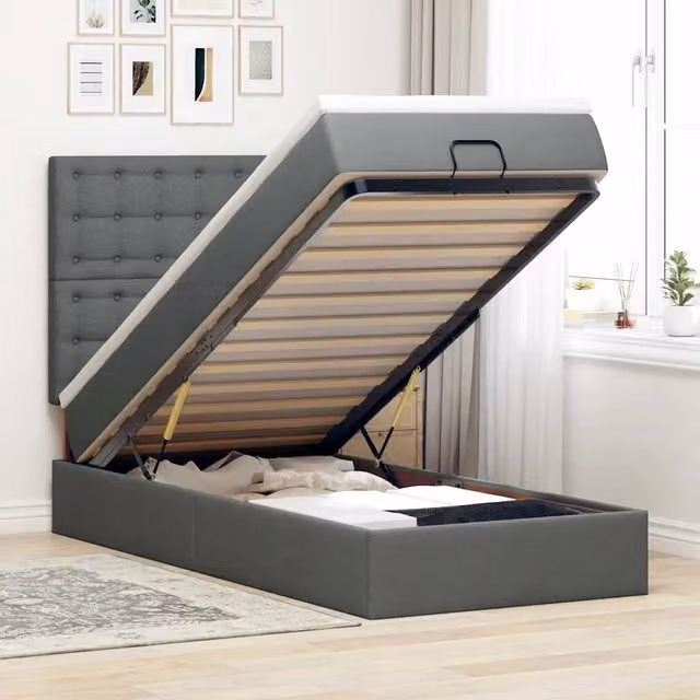 Letto con contenitore a sollevamento e materasso vidaXL in tessuto grigio e bianco L/P/H: 200 x 180 x 80 cm