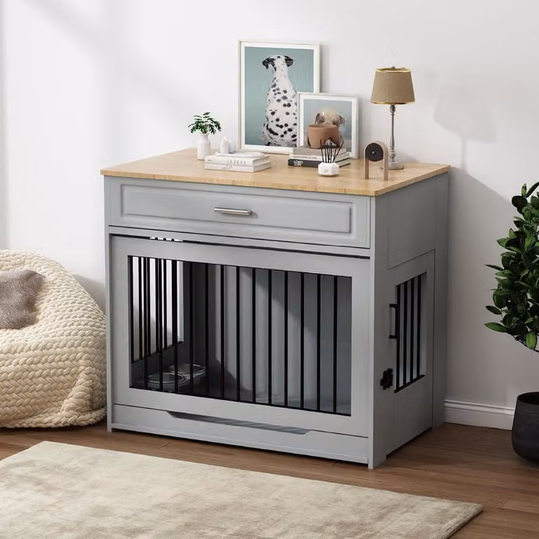 Gabbia per cani - Ciotola per cani in legno - Cuccia per cani - Gabbia per animali domestici - Alloggio per animali - Porta scorrevole, porte anteriori e laterali