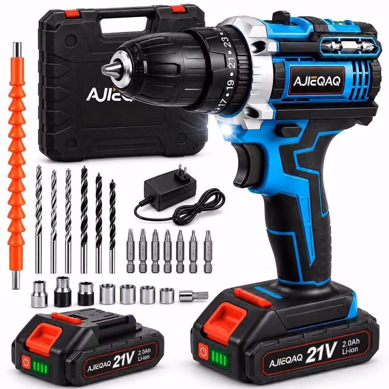 Set avvitatore a batteria 21V, trapano avvitatore a percussione con 2 batterie Li-Ion da 2,0Ah, 45Nm, 2 velocità, luce LED, accessori e valigetta