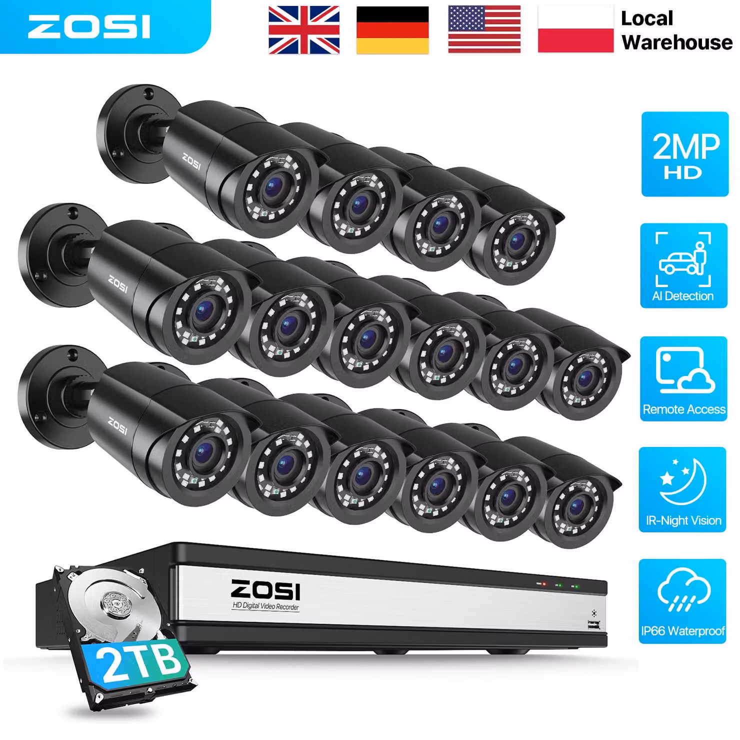 Sistema di videosorveglianza a 16 canali con DVR - Risoluzione 1080P HD - Disco rigido da 4TB - Alloggiamento in metallo - Adatto per interni ed esterni