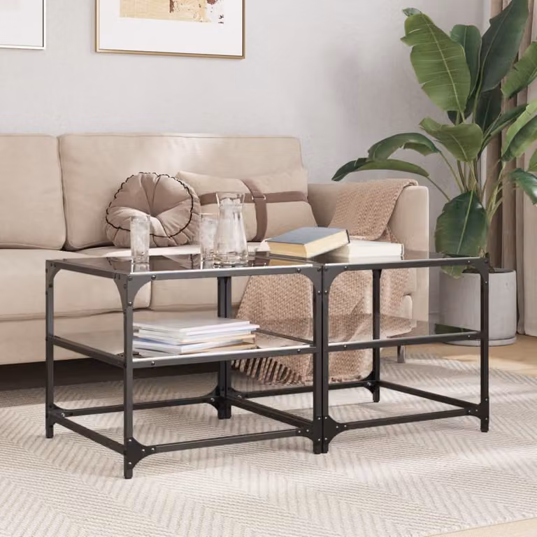 Set di 2 tavolini da salotto vidaXL con piano in vetro nero e struttura in acciaio, L/P/H: 50 x 50 x 45 cm