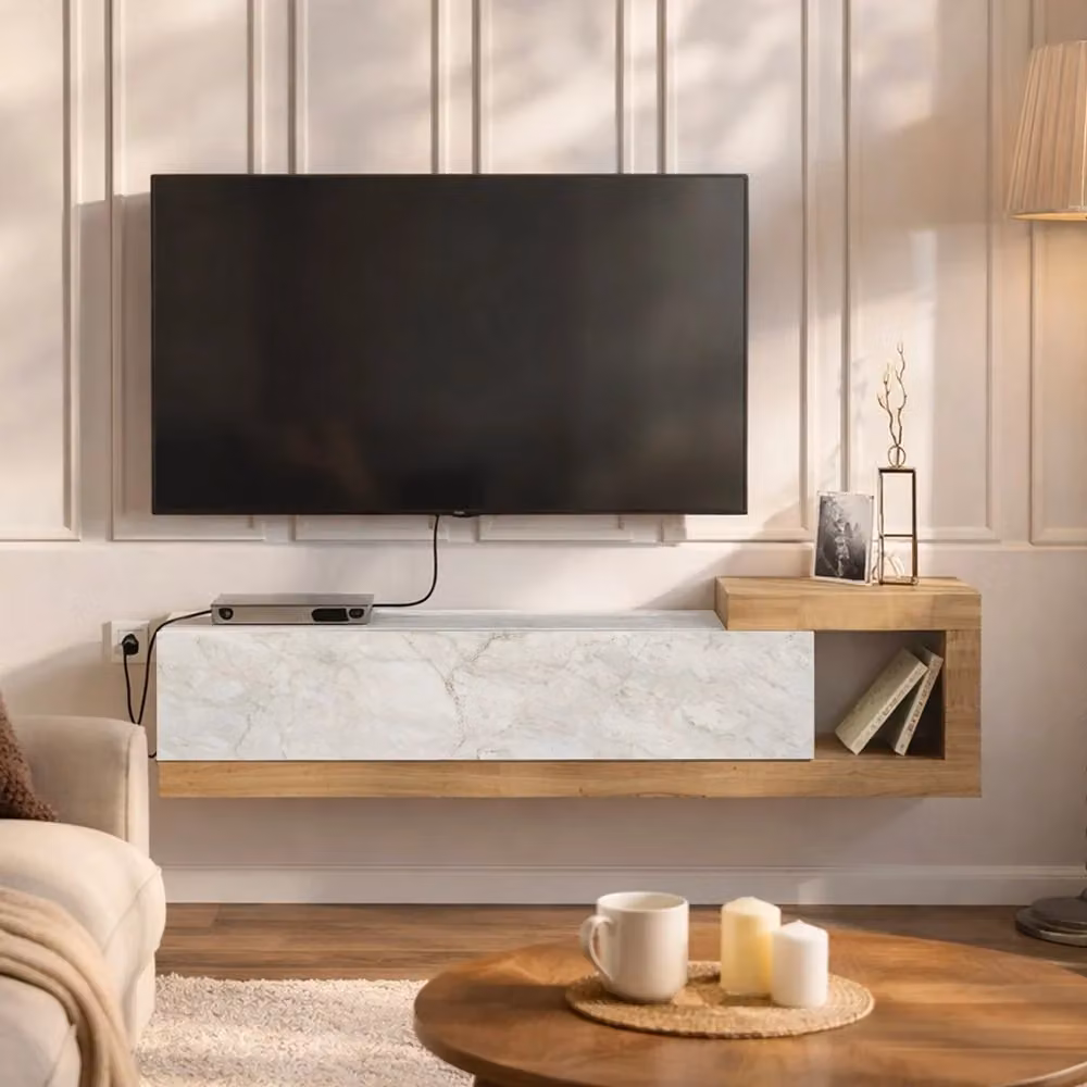 Porta TV Volare Tezeta con anta a ribalta e nicchia a giorno in rovere e dettaglio effetto marmo bianco L/P/H: 150 x 38,6 x 29,6 cm – 2