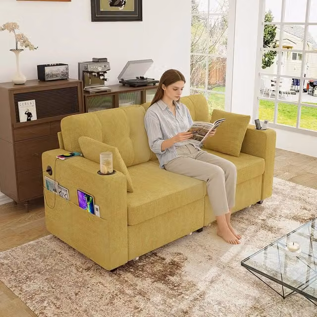 Divano 2 Posti con Cassetti Contenitore, Portabicchieri e USB ¨C Xylo ¨C Tessuto