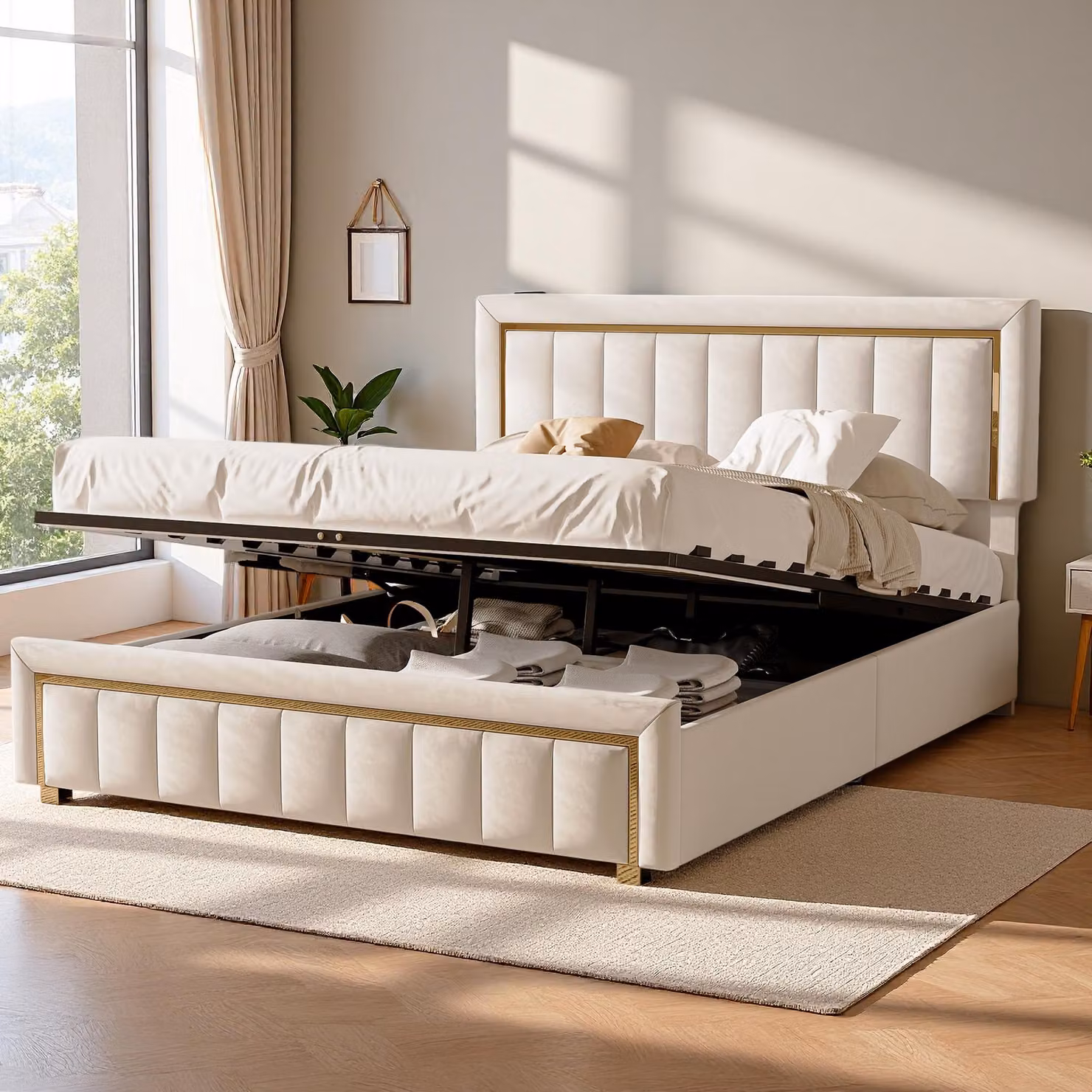 Letto imbottito INONEFT 160x200 con spazio contenitore, letto matrimoniale con cassone a sollevamento idraulico e poggiatesta regolabile, letto per ragazzi, in velluto, senza materasso, color beige