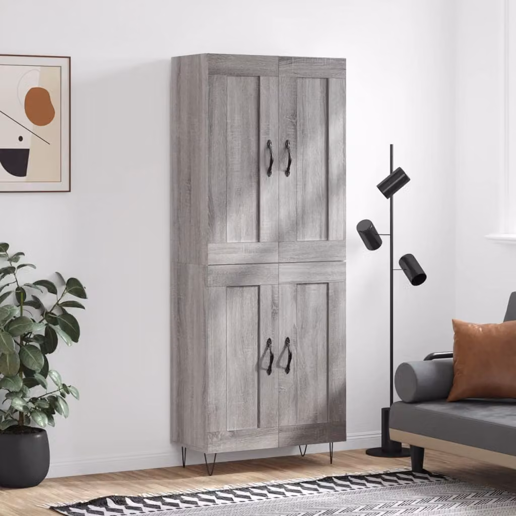 Credenza moderna vidaXL in legno multistrato e metallo, Grigio Sonoma, L: 69,5 cm, P: 34 cm, H: 180 cm