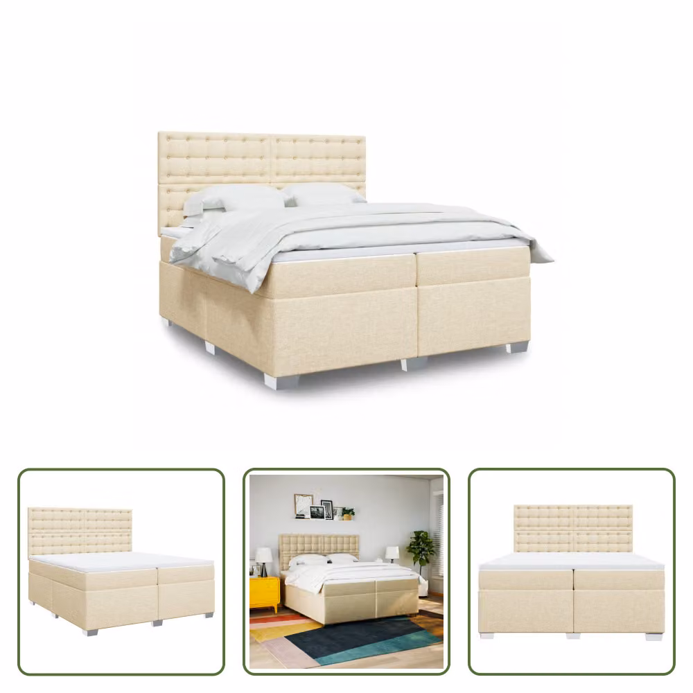 The Living Store Letto a molle con materasso crema 200x200 cm in tessuto