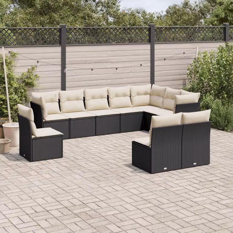 Set di divani da giardino vidaXL in polyrattan nero con cuscini inclusi