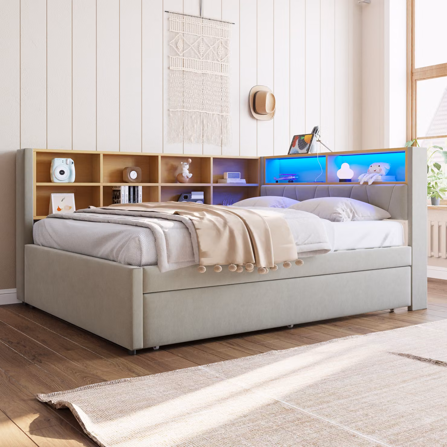Divano letto STILVORA 140x200 cm, trasformabile in letto, con luci LED e prese di corrente, letto per bambini con numerosi scomparti, colore grigio chiaro (senza materasso)