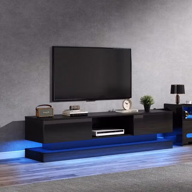 Mobile porta TV OKWISH moderno nero lucido con LED controllabili tramite app, 2 cassetti e passacavi, L: 160 cm, P: 35 cm, H: 40,5 cm