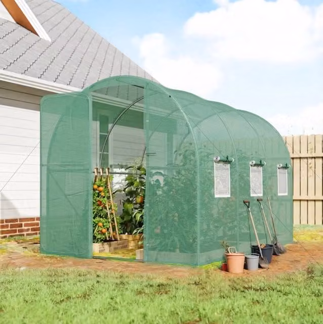 Serra da giardino ULEVR 200x300x200 cm con copertura in PE, porta richiudibile e 6 finestre a rete, verde