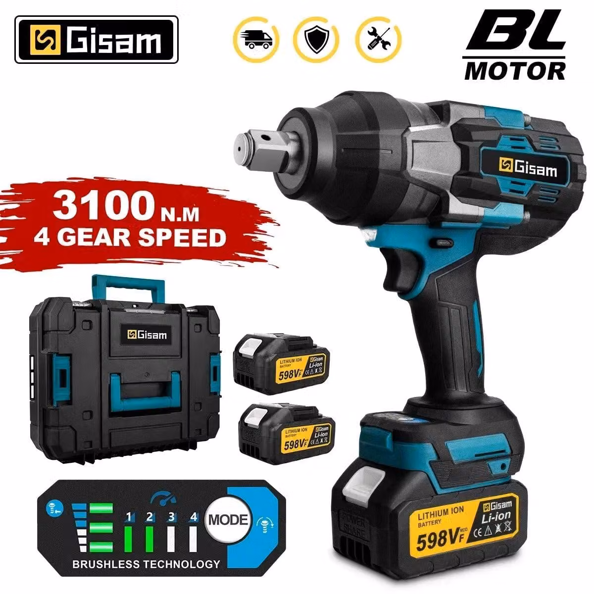 Chiave a percussione – Avvitatore a percussione brushless da 3/4 di pollice, senza fili, con elevata coppia – 18V