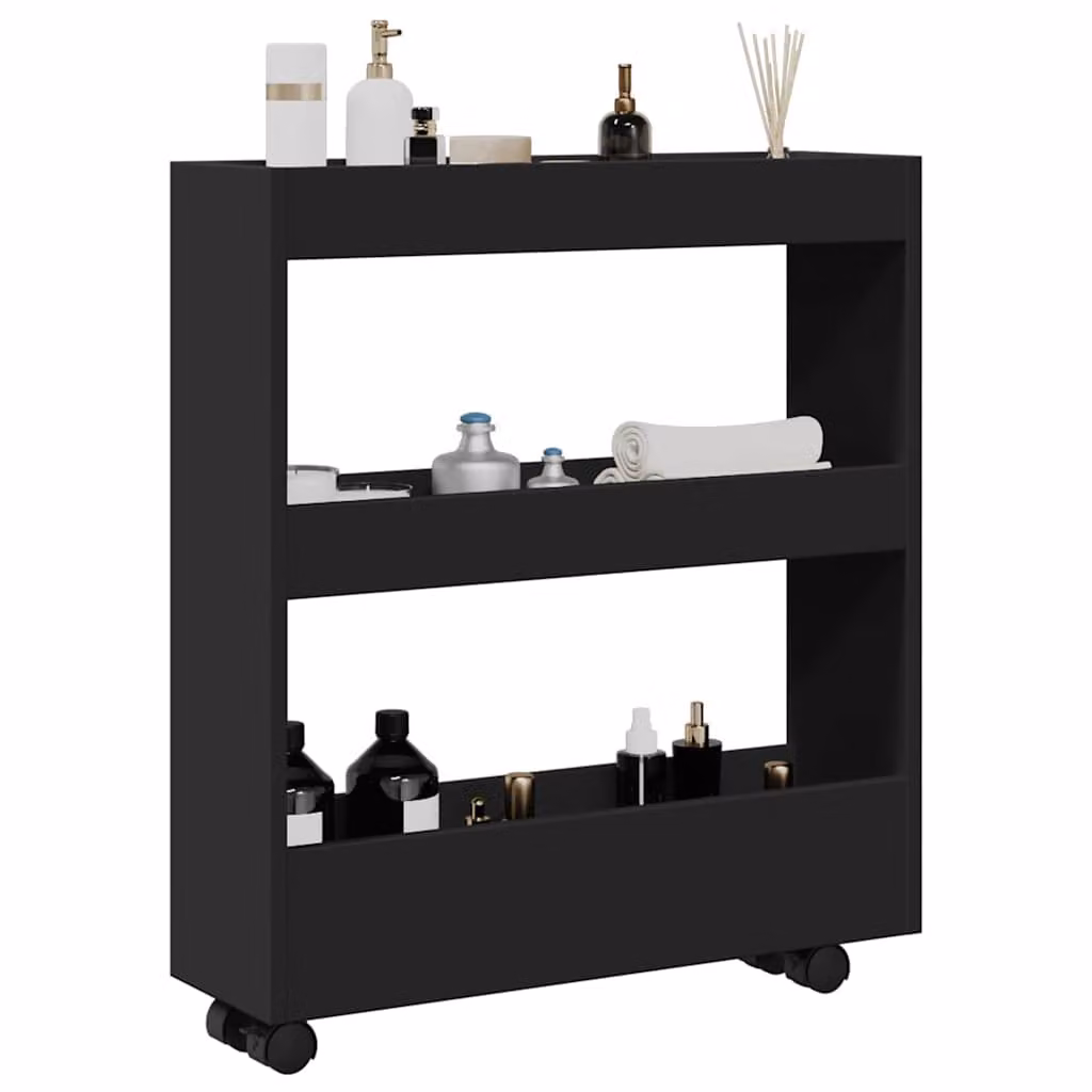 vidaXL Carrello Portaoggetti Stretto a 3 Livelli Nero in MDF Laminato con Ruote, L/P/H: 70 x 18 x 60 cm