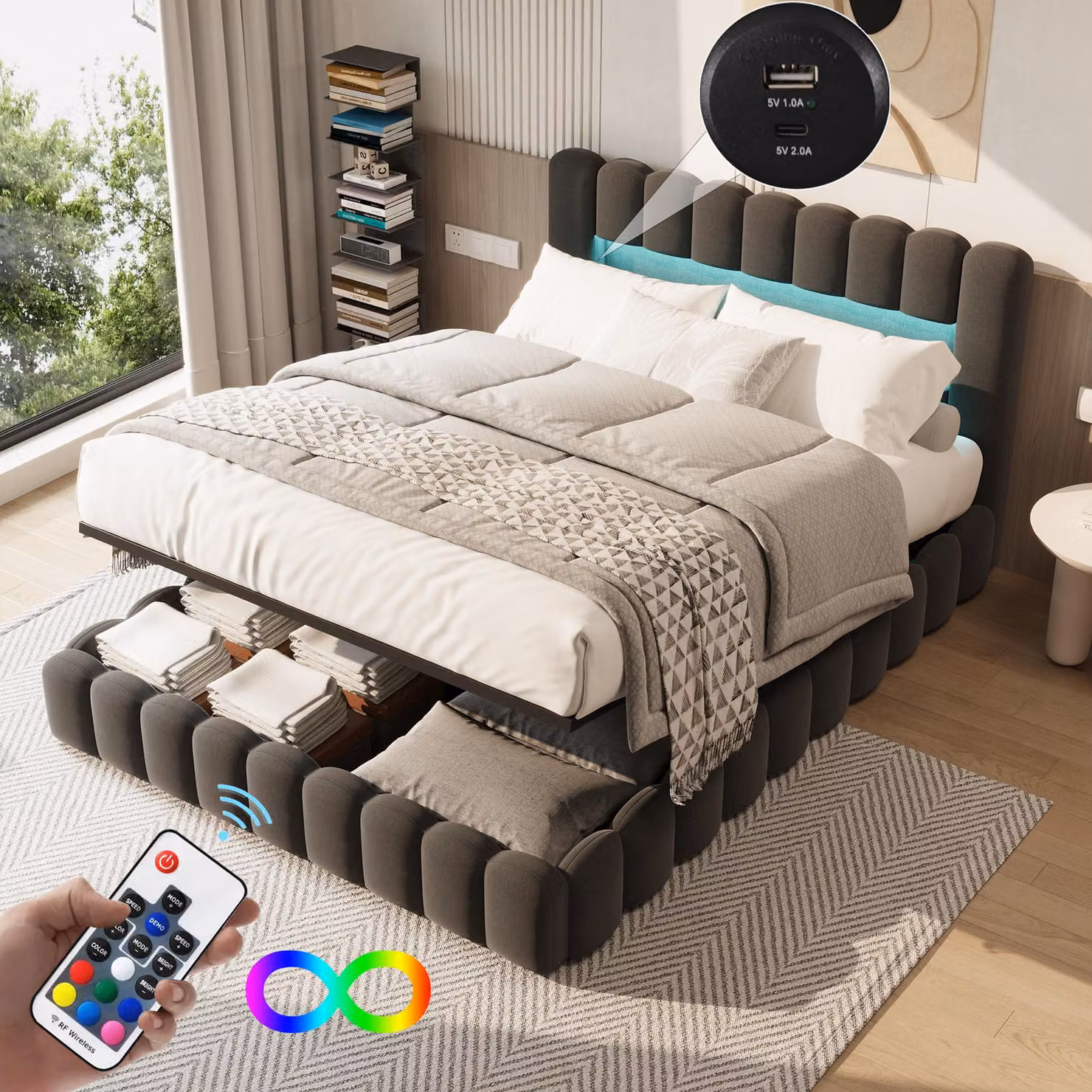 Letto Moonbite con contenitore, dimensioni 180x200 cm – letto imbottito in lino con illuminazione LED, contenitore integrato e spazio contenitivo, rete a doghe, tessuto in lino, colore grigio