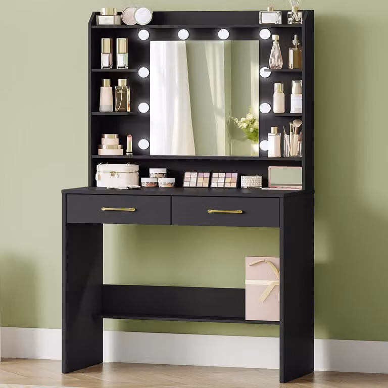 Comò da trucco con specchio, ripiani e 2 cassetti, illuminazione LED regolabile, dimensioni 40 x 80 x 149 cm, colore nero
