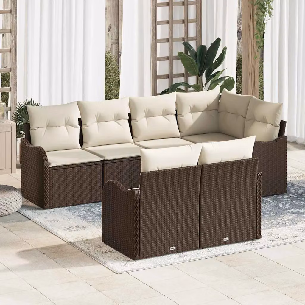 Set Divano da Giardino a L vidaXL 7 pz Marrone con Cuscini in Poliestere Resistenti ai Raggi UV e Struttura in Acciaio Verniciato a Polvere
