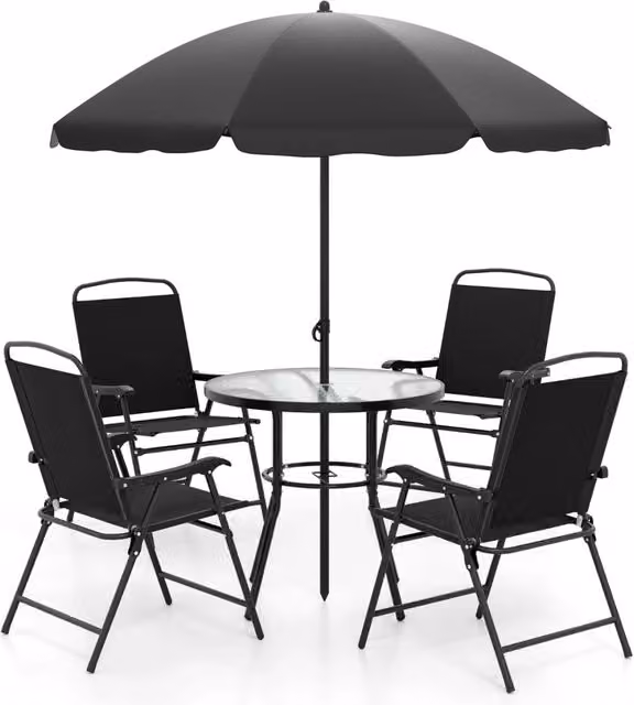 Tavolo e sedie da esterno con 4 poltrone pieghevoli e tavolo rotondo in vetro temperato-Set da pranzo da giardino a 6 pezzi con ombrellone Nero