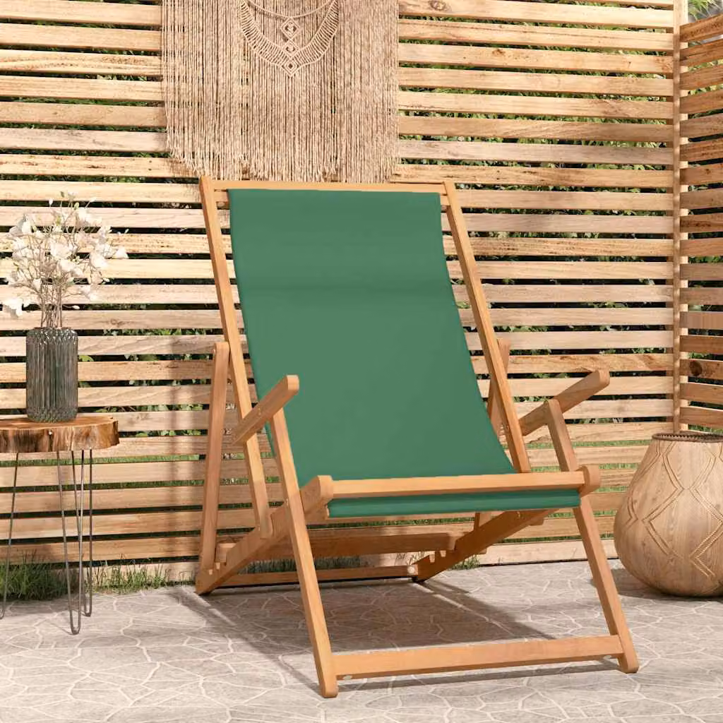 Sedia da giardino pieghevole vidaXL in legno di teak trattato con cuscino verde e poggiatesta regolabile