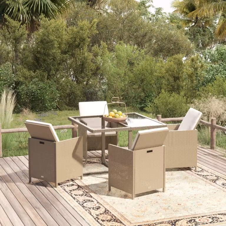 The Living Store Set da pranzo da giardino 5 pezzi con cuscini in poly rattan beige