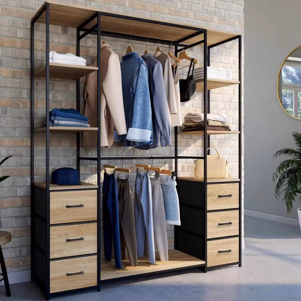 Armadio doppio UTAH con colonna IDMarket, colore nero e marrone, con 6 ripiani e 6 cestini in legno e tessuto, L 140 cm – 2
