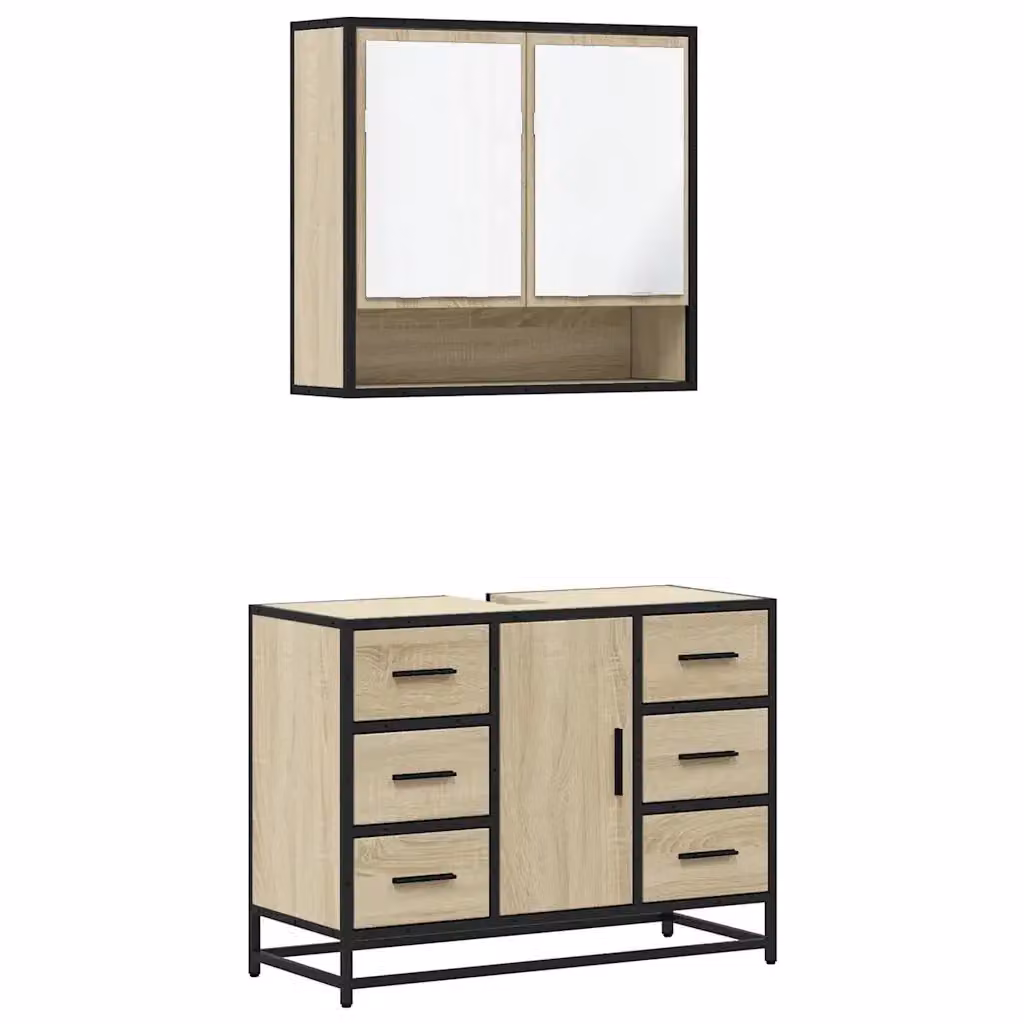 Set Mobili da Bagno Industrial vidaXL in Legno e Metallo Marrone con Armadietto Specchio e Mobile Lavabo L/P/H: 80 x 33 x 60 cm – 2