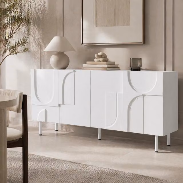 Sideboard moderno geometrico bianco in MDF e PB, 160x38,5x70 cm, con ampio spazio di archiviazione