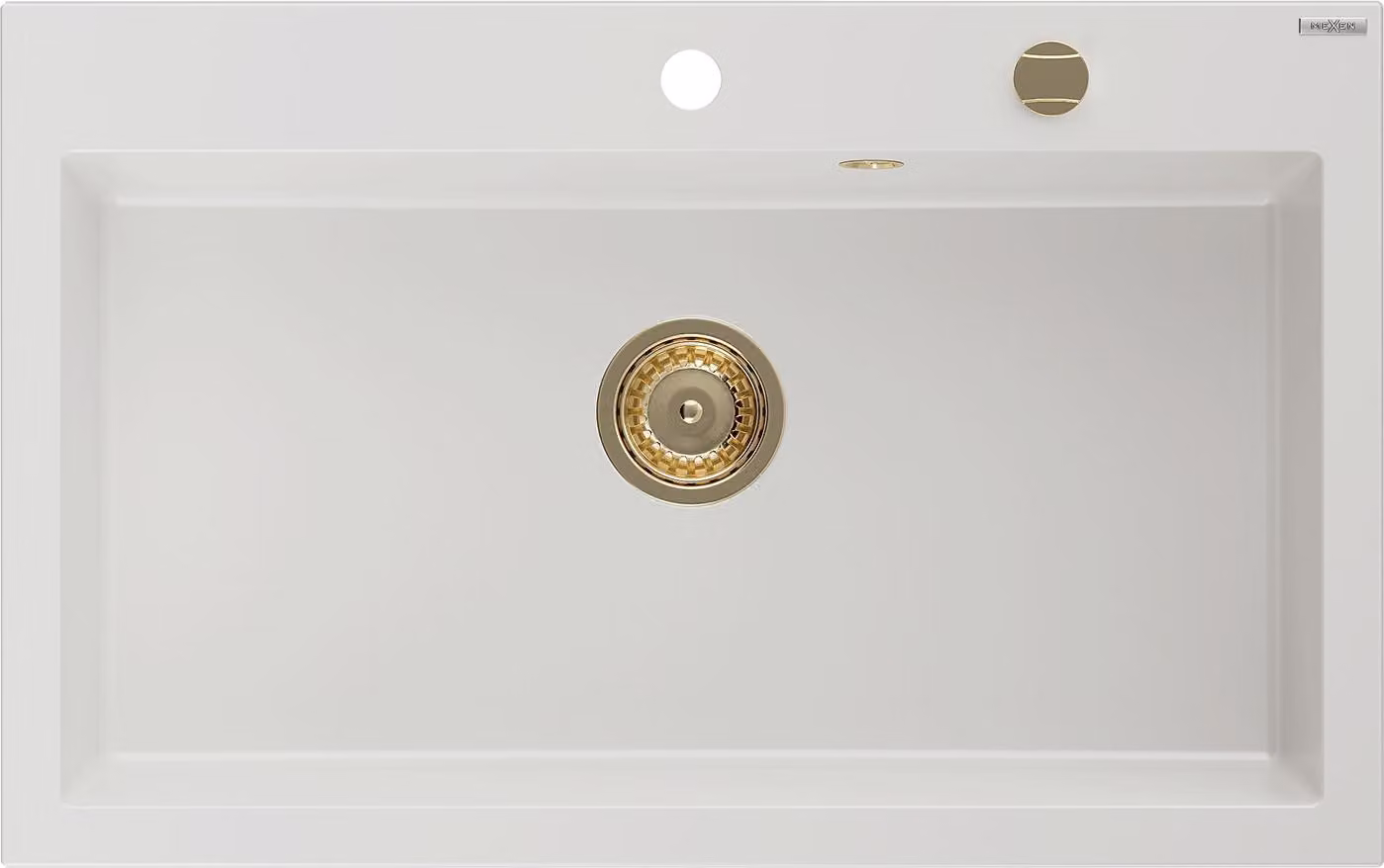 Mexen Elix lavello da cucina in granito 1-vasca 800 x 500 mm, bianco, sifone dorato - 6527801005-20-G