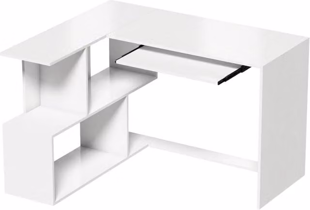Scrivania ad angolo, tavolo per computer con cassetto tastiera e ripiani aperti, effetto legno bianco
