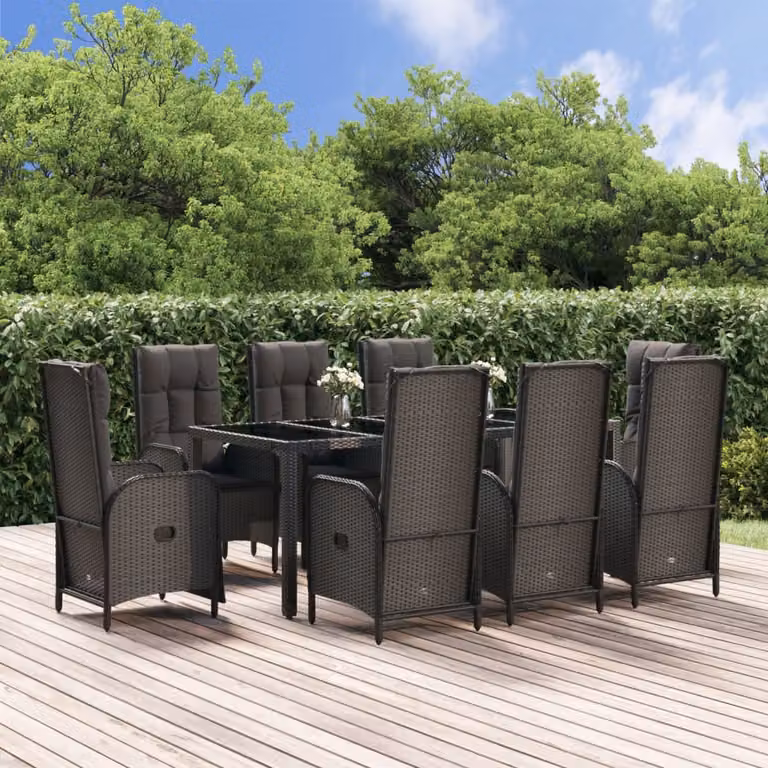 Set da pranzo da giardino vidaXL in polyrattan e legno di acacia nero con 9 pezzi e cuscini