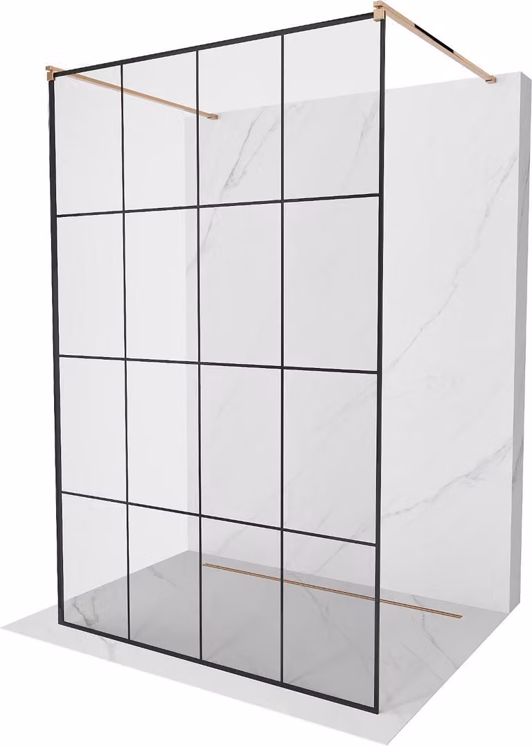 Mexen Kioto parete doccia autoportante 150 x 200 cm, griglia nera 8 mm, oro rosa - 800-150-002-60-77