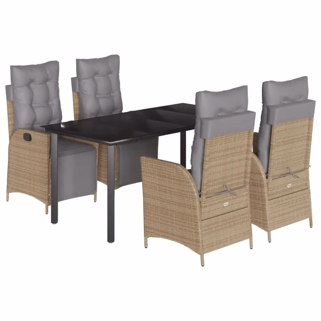 Set Pranzo da Giardino vidaXL in Polyrattan con Cuscini Beige Misto e Tavolo in Vetro, 5 Pezzi – 2