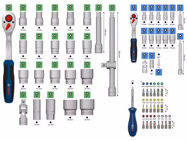 Set di chiavi a cricchetto da 1/4" e 1/2", 80 pezzi.