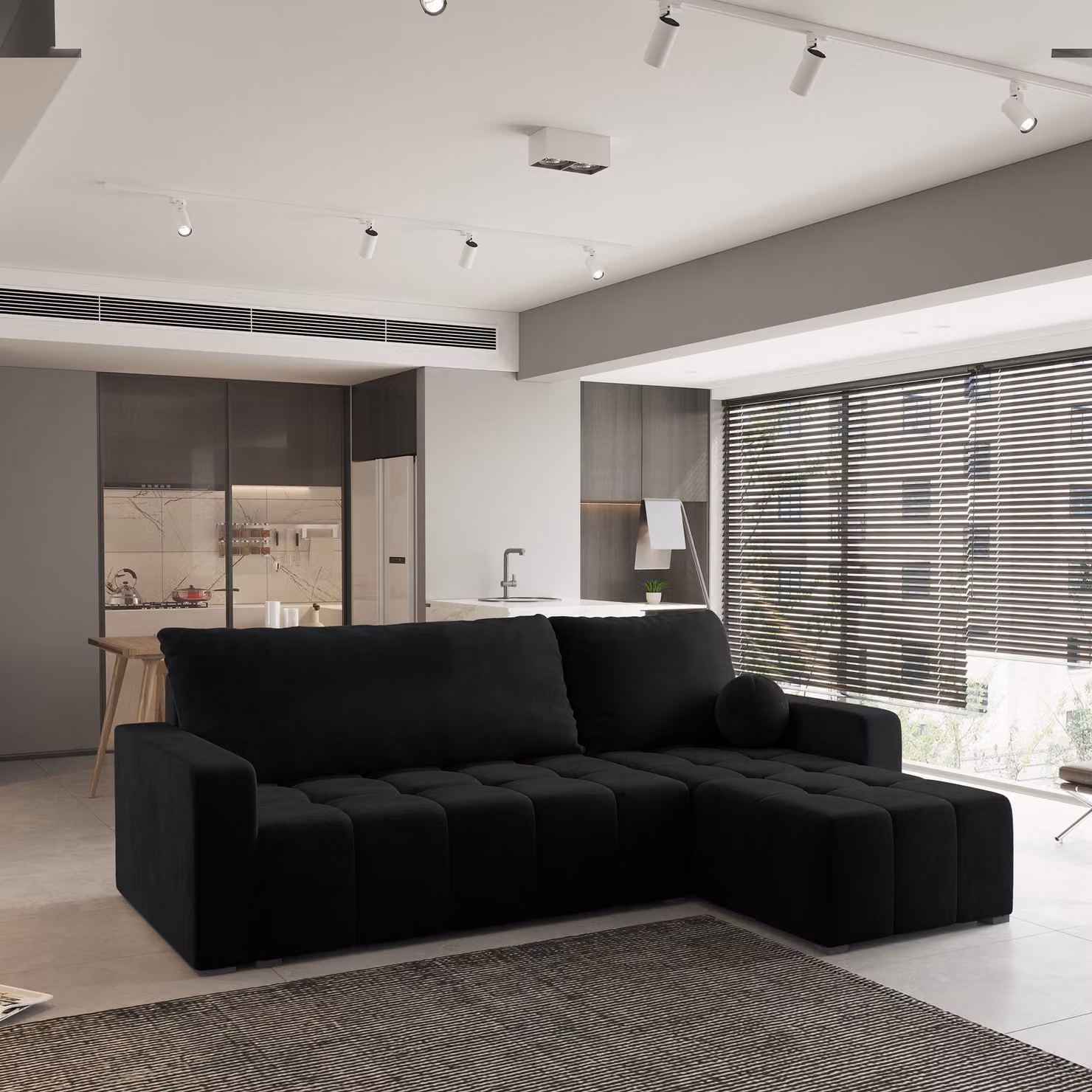 Divano angolare Masseno VOLIRA con funzione letto a L, divano con box letto, divano da salotto, divano, divano, divano letto, set di divani - nero, KRONOS 07