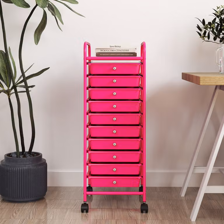 Carrello cassettiera multiuso da cucina Costway con 10 cassetti e ruote, Rosa, L 33 cm x P 37 cm x H 86 cm