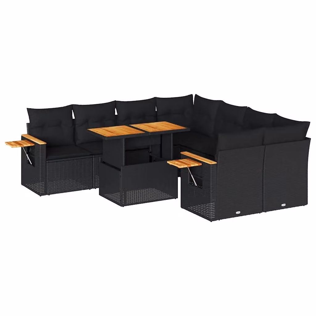 Set da giardino moderno vidaXL composto da 9 pezzi in polyrattan nero con cuscini inclusi e tavolino da caffè – 2