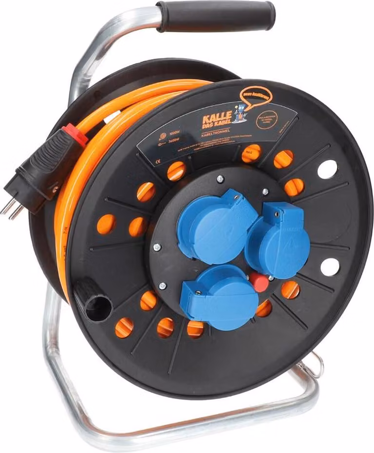 KALLE DAS KABEL Avvolgicavo Schuko H07BQ-F 3G 2,5 mm² 25 metri IP44 16A 230V Extreme Signal Arancione Cavo da campeggio in poliuretano Cavo di alimentazione PUR Cavo di prolunga Womo Schuko