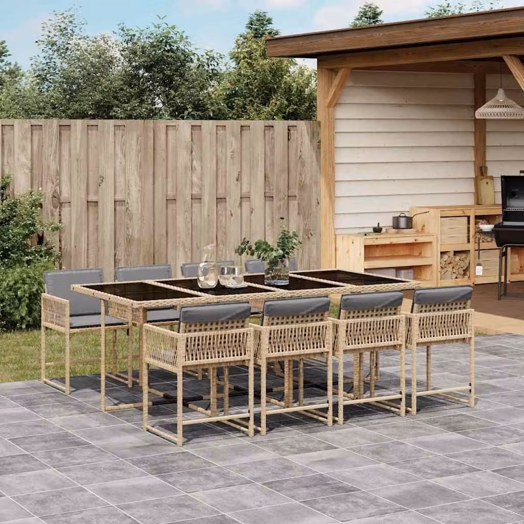 Set Pranzo da Giardino vidaXL in Polyrattan con Cuscini Beige e Piano in Vetro, 9 Pezzi – 1