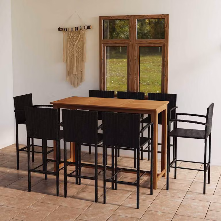 Set Bar da Giardino vidaXL in Legno di Acacia Olio Nero e Marrone, 9 Pezzi