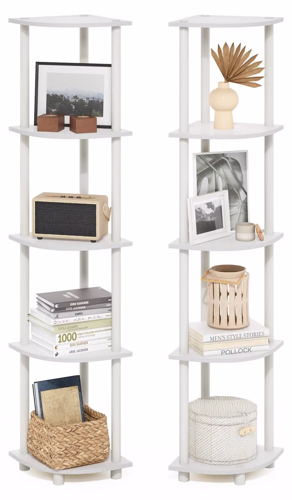 Set di 2 scaffali angolari, a 5 ripiani, colore bianco, dimensioni 29,46 x 146,56 x 9,30 cm
