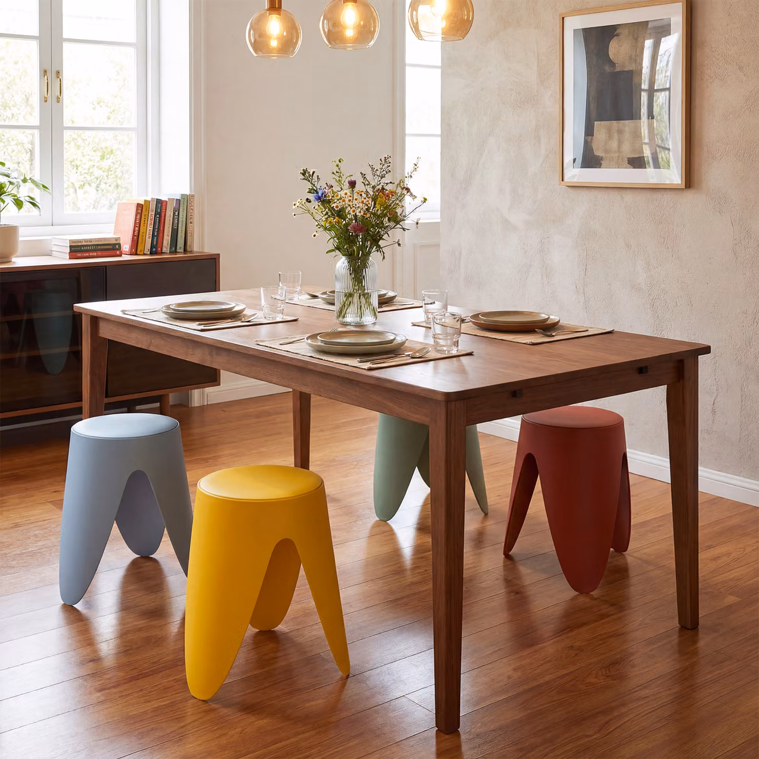 Set di 8 sgabelli impilabili Costway in plastica blu, design moderno e cilindrico, Altezza: 46 cm